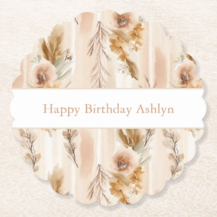 Rustic Cream Boho Floral Birthday Paper Coaster