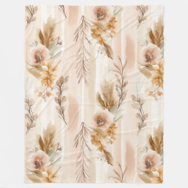 Rustic Cream Boho Floral Fleece Blanket (Front)