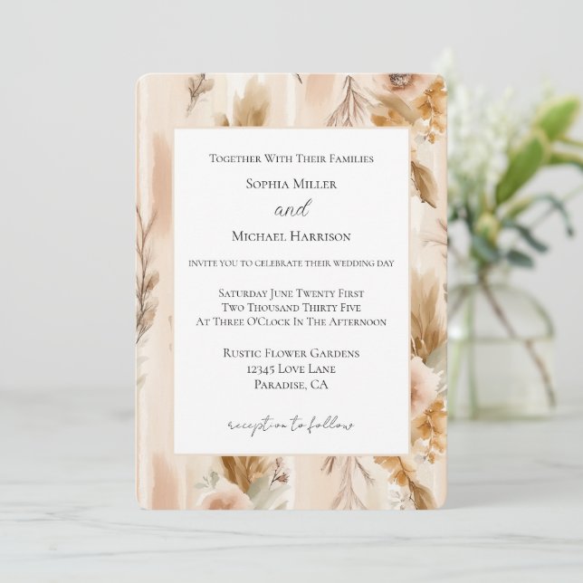 Rustic Cream Border Boho Floral Wedding Invitation (Standing Front)