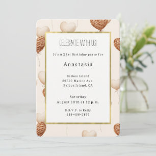 Rustic Cream Brown Hearts Balloons Birthday Invitation
