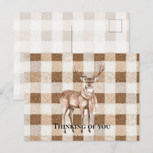 Rustic Cream Brown Plaid Deer Thinking of you Postcard