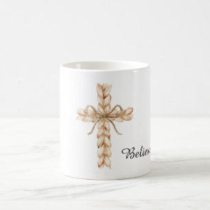 Rustic Cream Cross with Bow Believe Coffee Mug