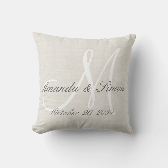 Rustic Cream Linen Look White Monogram Wedding Cushion (Front)