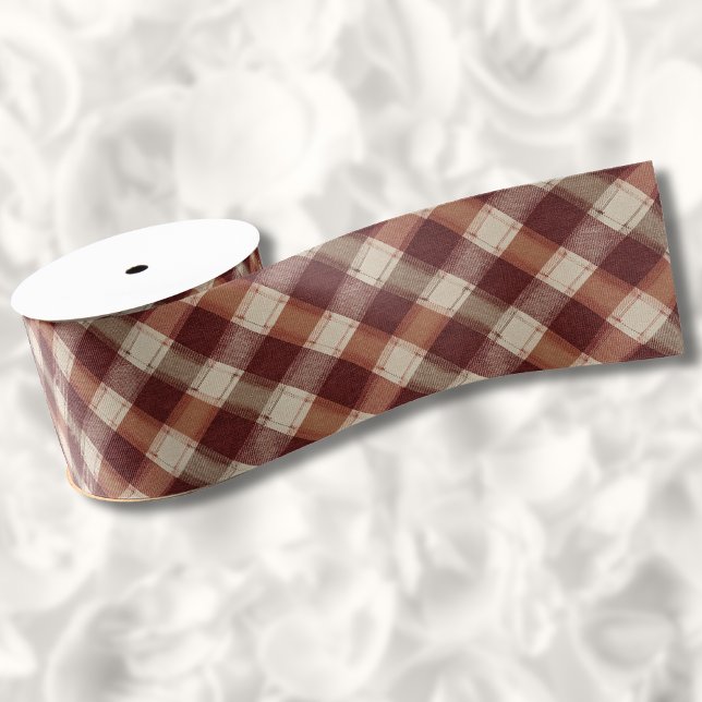 Rustic Cream Orange Rust Red Plaid Pattern Grosgrain Ribbon (Creator Uploaded)
