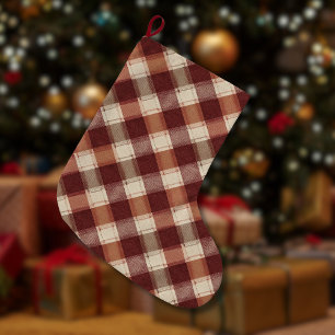 Rustic Cream Orange Rust Red Plaid Pattern Large Christmas Stocking