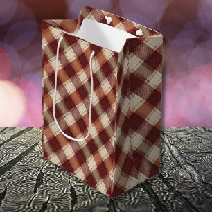 Rustic Cream Orange Rust Red Plaid Pattern Medium Gift Bag
