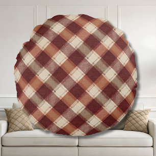 Rustic Cream Orange Rust Red Plaid Pattern Round Cushion