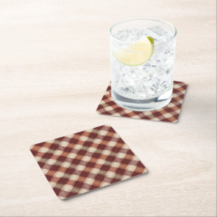Rustic Cream Orange Rust Red Plaid Pattern Square Paper Coaster