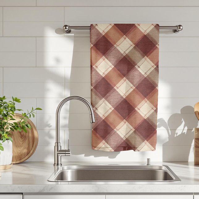 Rustic Cream Orange Rust Red Plaid Pattern Tea Towel (Creator Uploaded)