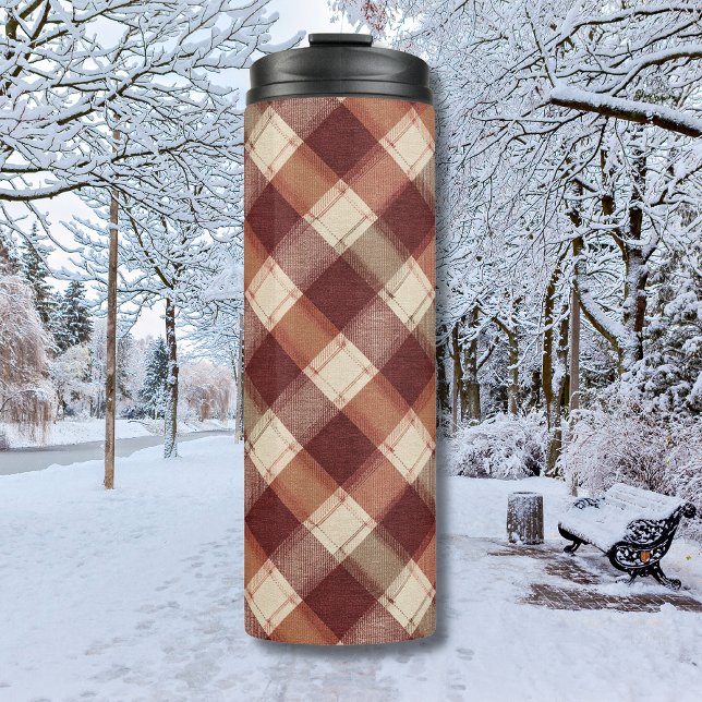 Rustic Cream Orange Rust Red Plaid Pattern Thermal Tumbler (Creator Uploaded)