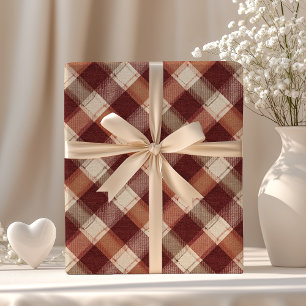 Rustic Cream Orange Rust Red Plaid Pattern Wrapping Paper