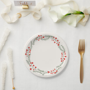Rustic cream red green wreath frame border holiday paper plate