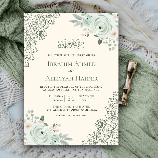 Rustic Cream Sage Green Floral Lace Muslim Wedding Invitation (Creator Uploaded)