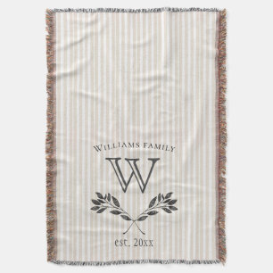 rustic cream stripes laurel branch monogram throw blanket