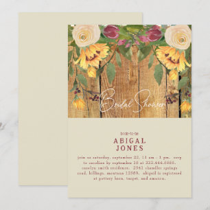 Rustic Cream Sunflowers & Wood Bridal Shower Invitation