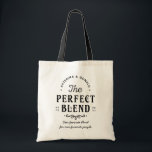 Rustic Cream Vintage Perfect Blend Design Tote Bag<br><div class="desc">This perfect blend layout has a rustic wedding feel with black vintage typography, curved name text, and charming coffee inspired wording. The cream background and decorative flourish make it perfect for welcome bags, reception favours, bridal party totes, and thank you packaging. Great for couples who love café, brunch, or cosy...</div>