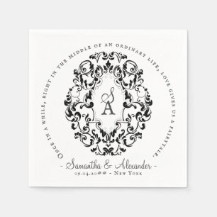 Rustic Crest Ivory Black Old Print Gothic Wedding Napkin