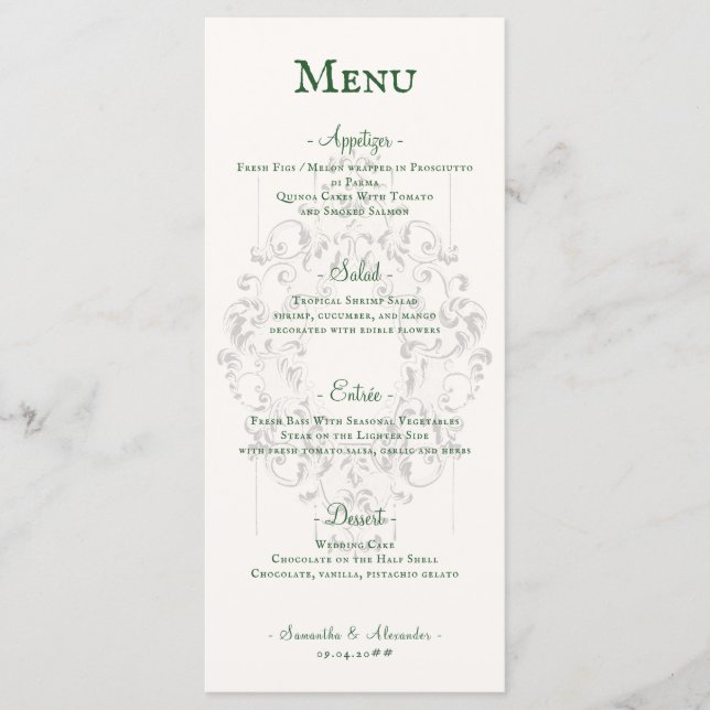 Rustic Crest Ivory Emerald Green Gothic Wedding Menu (Front)