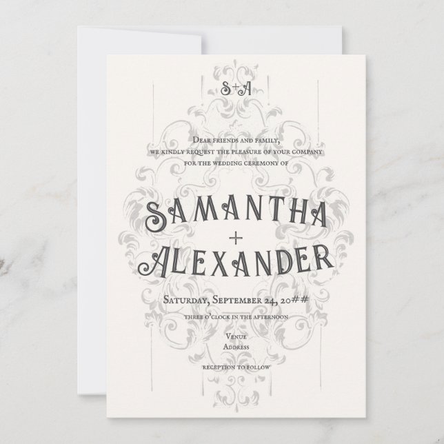 Rustic Crest Ivory White Old Print Gothic Wedding Invitation (Front)