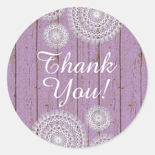 Rustic Crochet Doilies on Purple Wood Thank You Classic Round Sticker