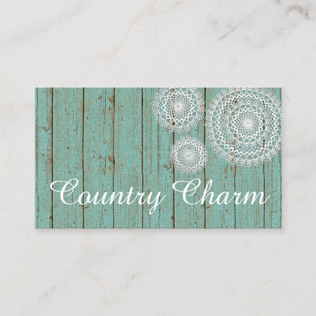 Rustic Crochet Doilies on Turquoise Farmhouse Wood Business Card (Front)