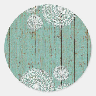 Rustic Crochet Doilies on Turquoise Farmhouse Wood Classic Round Sticker