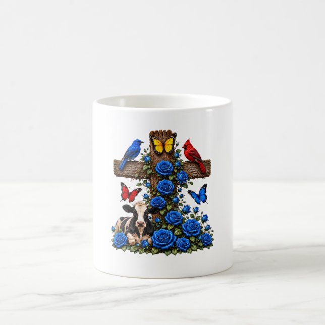 Rustic Cross Blue Roses and Cow Mug (Center)