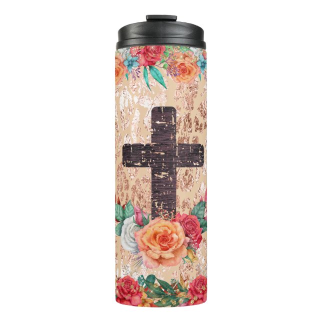 Rustic Cross Decorated With Vibrant Flowers Thermal Tumbler (Front)