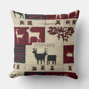Rustic Cross-Stitch Patchwork   Folk Holiday Motif Cushion