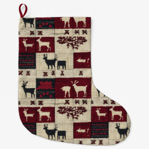 Rustic Cross-Stitch Patchwork   Folk Holiday Motif Large Christmas Stocking