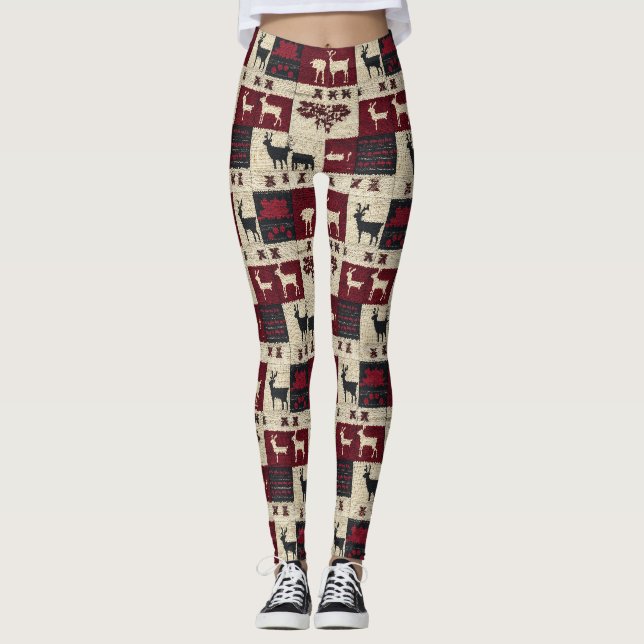 Rustic Cross-Stitch Patchwork | Folk Holiday Motif Leggings (Front)