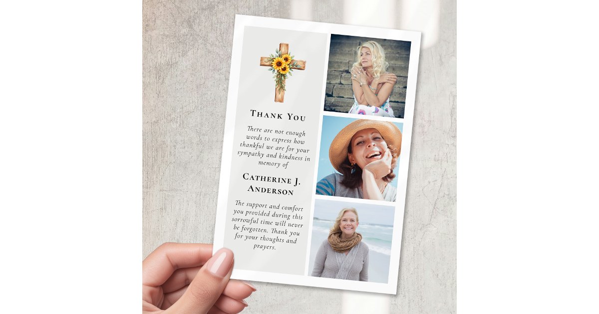 Rustic Cross Sunflower 3 Photo Sympathy Funeral Thank You Card | Zazzle