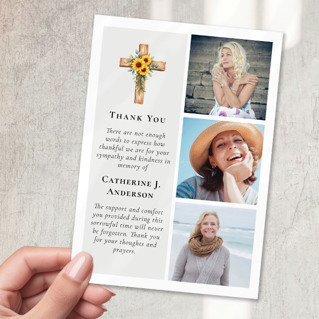 Rustic Cross Sunflower 3 Photo Sympathy Funeral Thank You Card (Creator Uploaded)