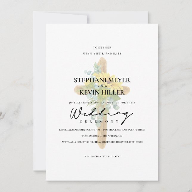 Rustic Cross Sunflowers & Eucalyptus White Wedding Invitation (Front)