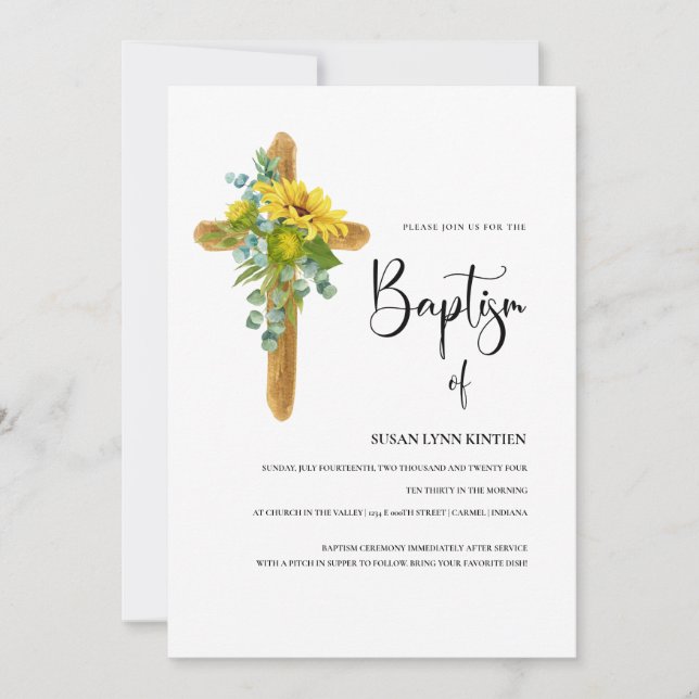 Rustic Cross With Sunflowers Baptism & Pitch In Invitation (Front)