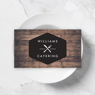 Rustic Crossed Fork Knife Logo Distressed Wood I Business Card