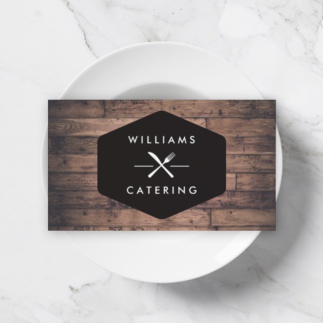 Rustic Crossed Fork Knife Logo Distressed Wood I Business Card (Creator Uploaded)