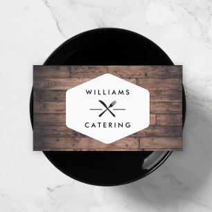 Rustic Crossed Fork Knife Logo Distressed Wood II Business Card