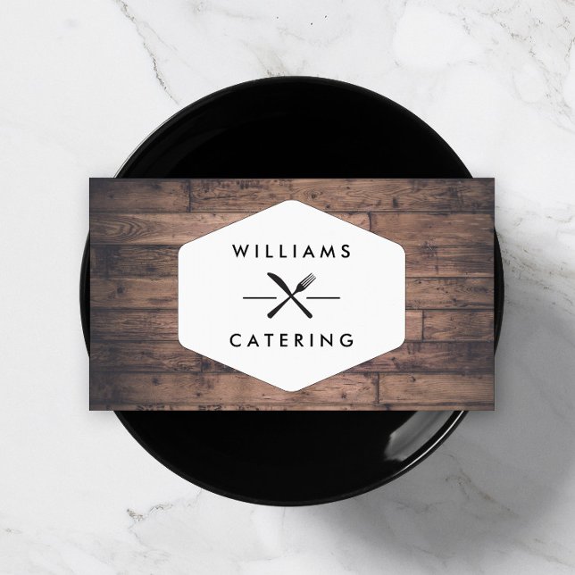 Rustic Crossed Fork Knife Logo Distressed Wood II Business Card (Creator Uploaded)