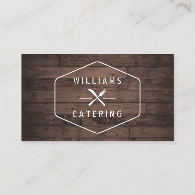 Rustic Crossed Fork Knife Logo Distressed Wood III Business Card (Front)