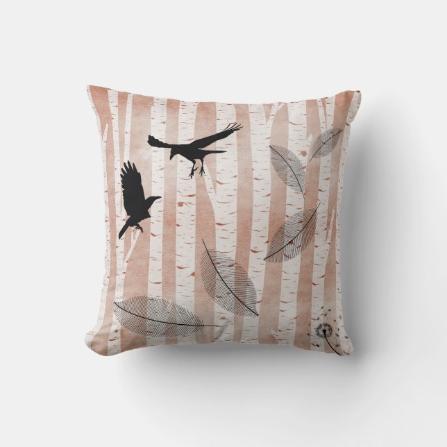 Rustic Crows in White Birch Forest Cushion (Front)