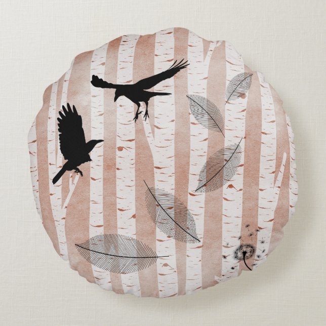 Rustic Crows in White Birch Forest Round Cushion (Back)
