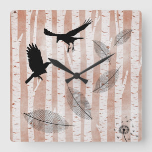 Rustic Crows in White Birch Forest  Square Wall Clock