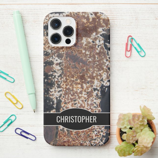 Rustic Custom Name Rusty Metal Texture iPhone Case (On Desk)