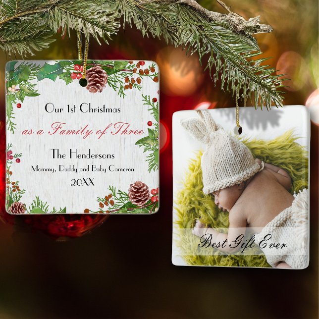 Rustic Custom Photo Family of 3 1st Xmas Newborn   Ceramic Ornament (Creator Uploaded)