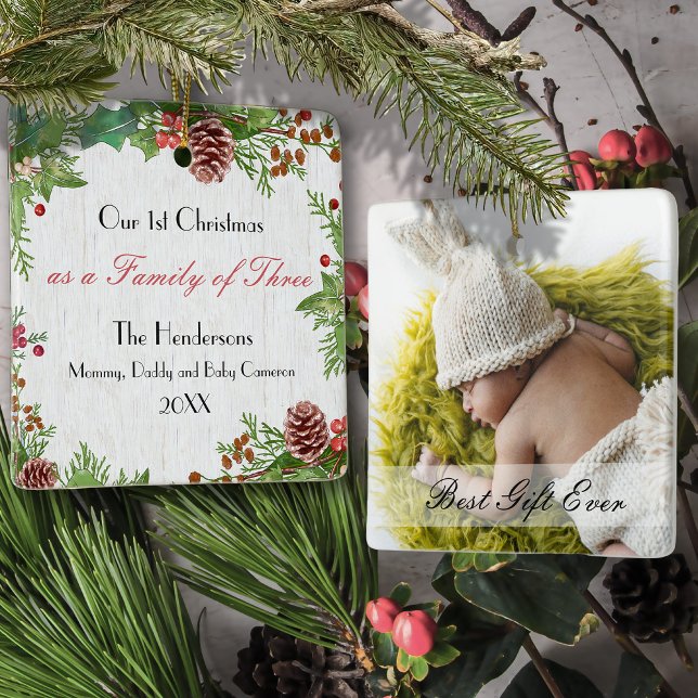 Rustic Custom Photo Family of 3 1st Xmas Newborn   Ceramic Ornament (Creator Uploaded)