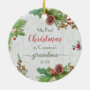 Rustic Custom Photo New Grandma 1st Christmas  Ceramic Tree Decoration