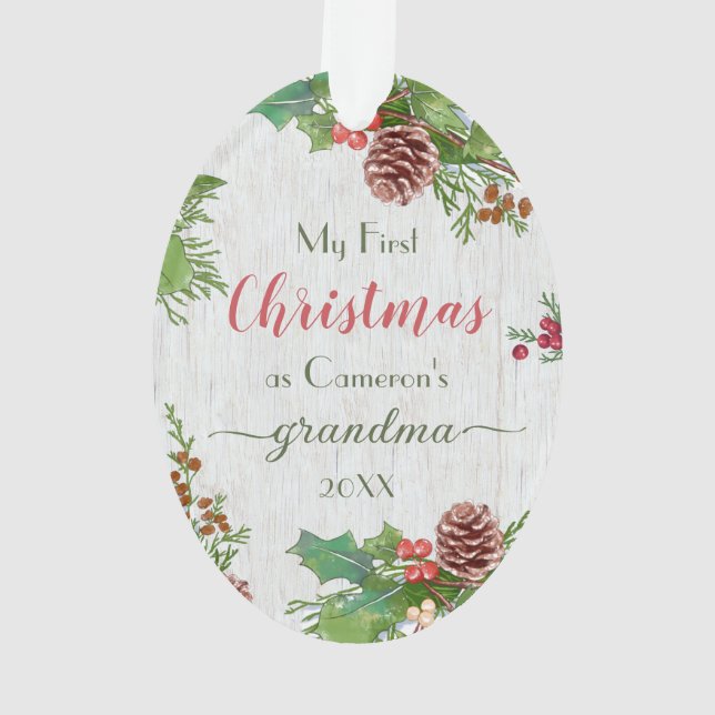 Rustic Custom Photo New Grandma 1st Christmas  Ornament (Back)