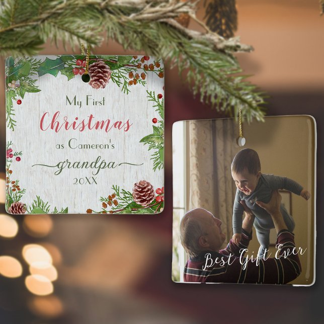 Rustic Custom Photo New Grandpa 1st Christmas Ceramic Ornament (Creator Uploaded)