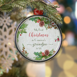 Rustic Custom Photo New Grandpa 1st Christmas  Metal Tree Decoration